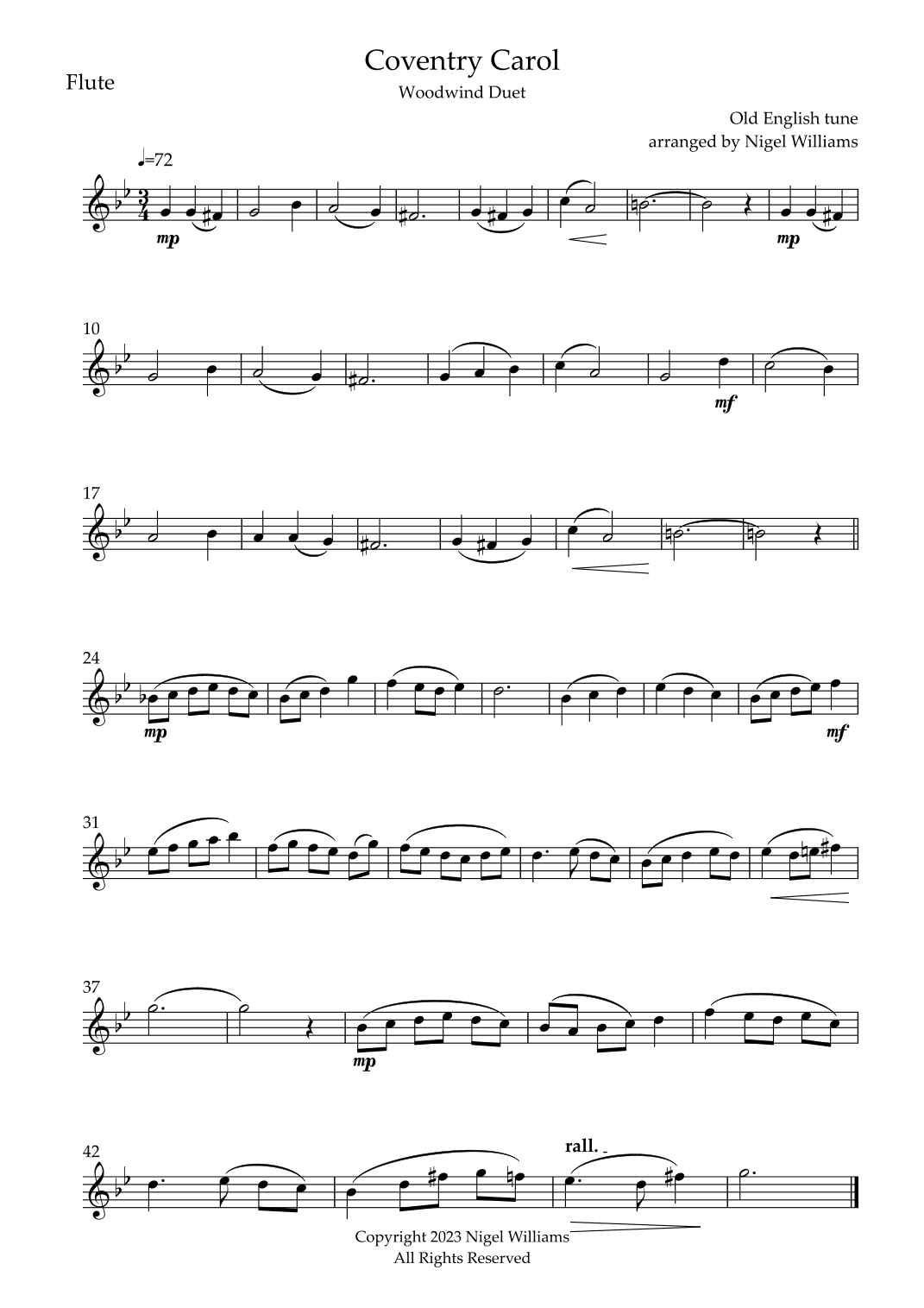 Coventry Carol, for flute & clarinet duet (arr. Nigel Williams)