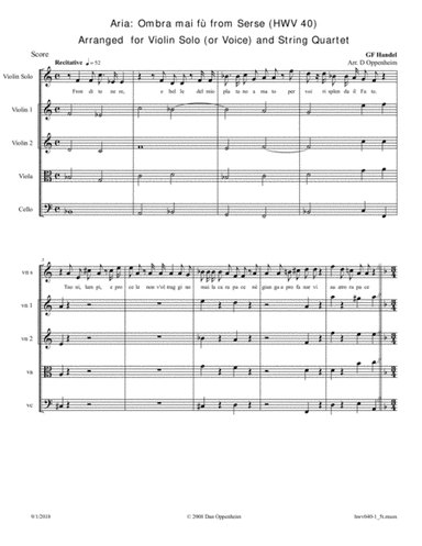 Handel: Aria: "Ombra mai fù" from Serse (HWV 40). Arranged  for Violin Solo (or Voice) and String Q (arr. D Oppenheim)