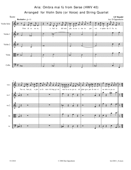Handel: Aria: "Ombra mai fù" from Serse (HWV 40). Arranged  for Violin Solo (or Voice) and String Q (arr. D Oppenheim)