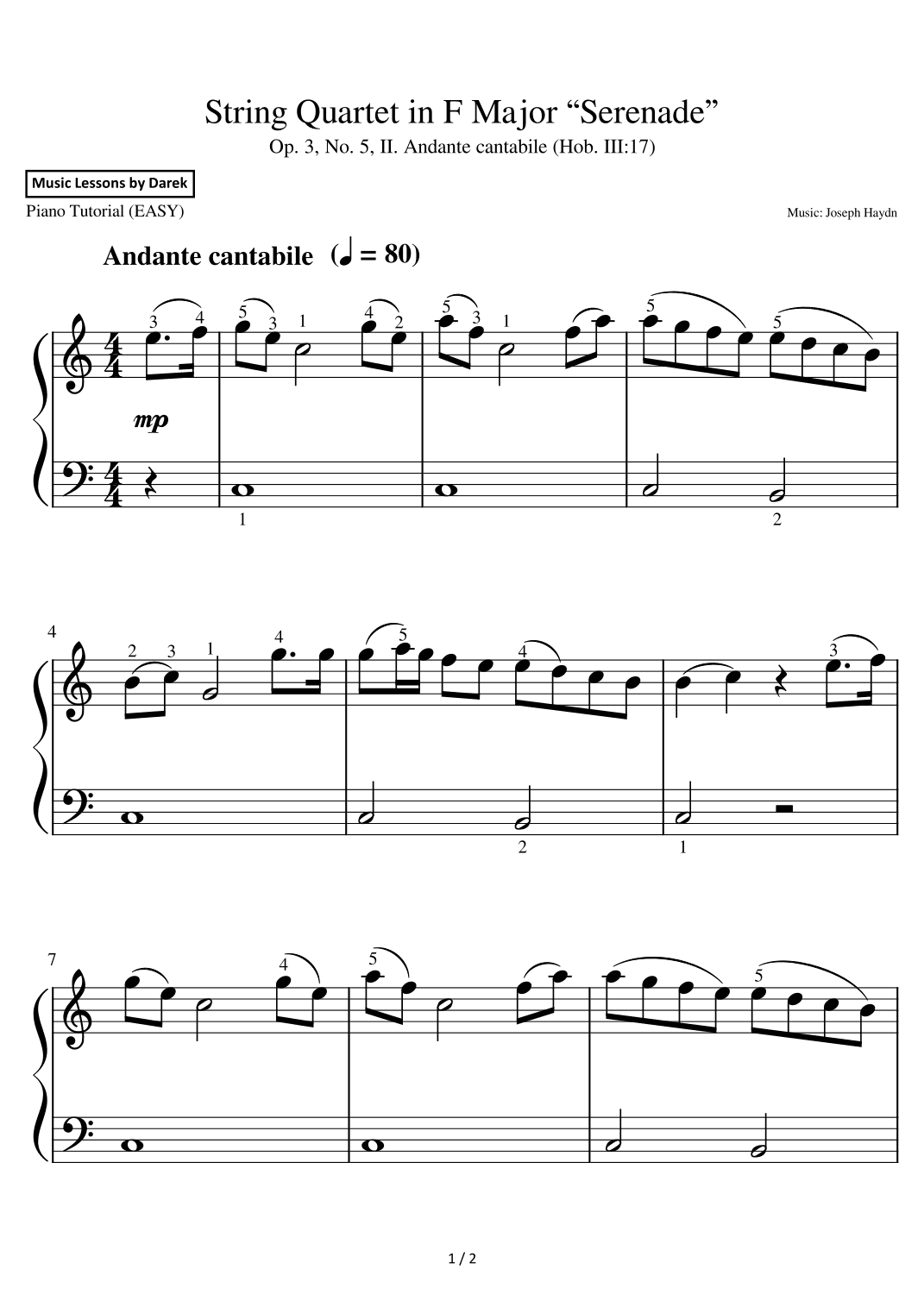 String Quartet in F Major “Serenade” (EASY PIANO) Op. 3, No. 5 (Hob. III:17) [Haydn] (arr. Darek)
