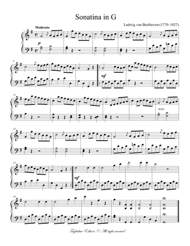 BEETHOVEN - SONATINA in G - For Piano (arr. Renato Tagliabue)