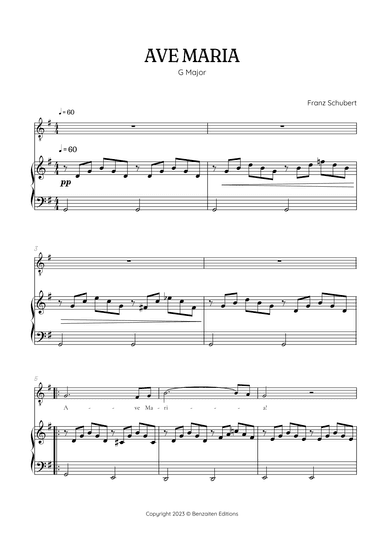 Schubert Ave Maria in G Major • tenor sheet music with easy piano accompaniment (arr. Benzaiten Editions)