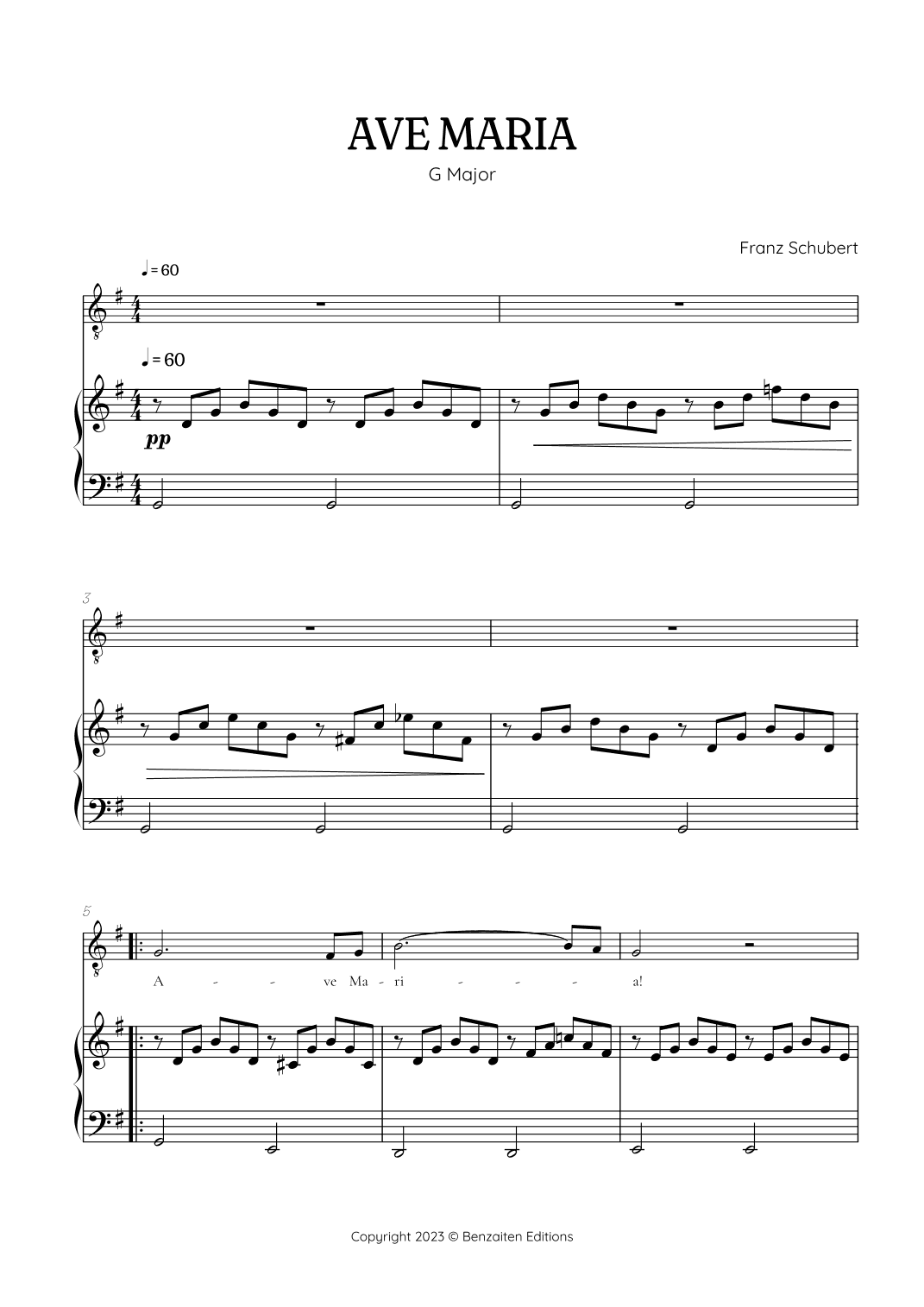 Schubert Ave Maria in G Major • tenor sheet music with easy piano accompaniment (arr. Benzaiten Editions)