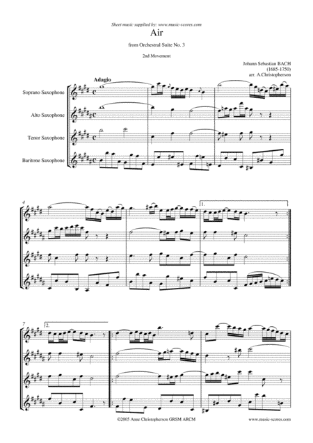 Bwv 1068: Air 2nd Movement - 4 Saxophones (Soprano, Alto, Tenor, Baritone) (arr. Anne L Christopherson GRSM ARCM)