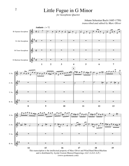 Little Fugue in G MInor for Saxophone Quartet (arr. Marc Oliver)