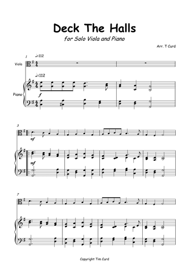 Deck The Halls for Solo Viola and Piano (arr. Tim Curd)