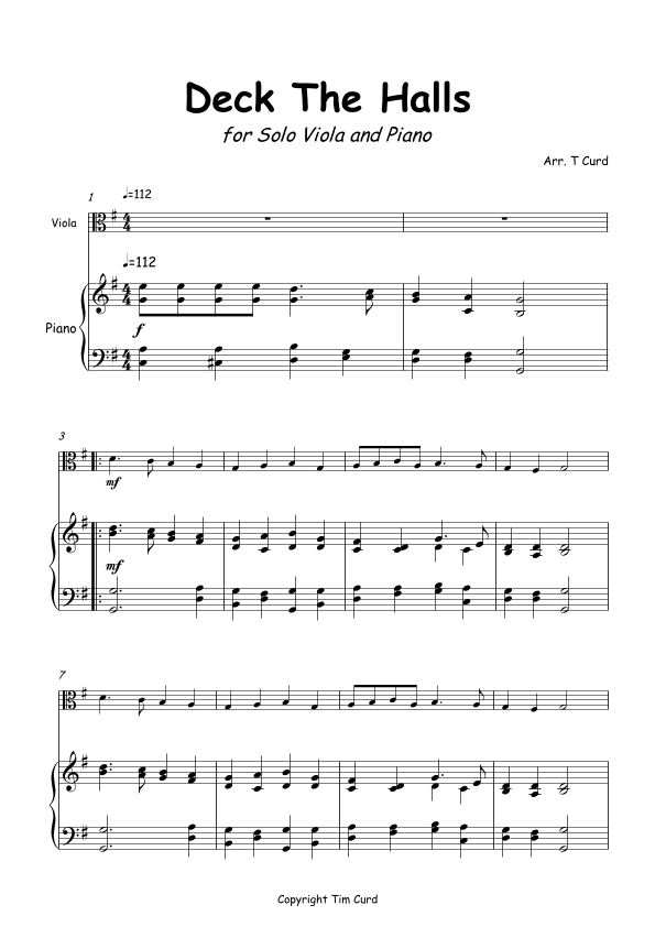 Deck The Halls for Solo Viola and Piano (arr. Tim Curd)
