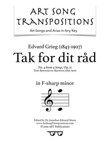 GRIEG: Tak for dit råd, Op. 21 no. 4 (transposed to F-sharp minor) (arr. ArtSongTranspositions.com)