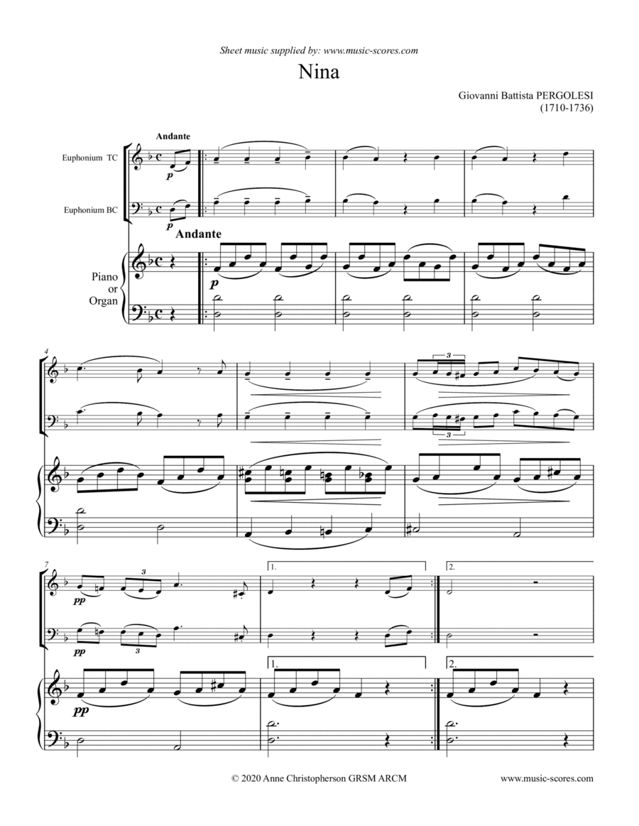 Nina - Euphonium and Piano/Organ (D minor) (arr. Anne L Christopherson GRSM ARCM)