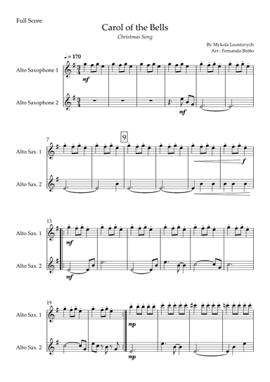 Carol of the Bells in Jazz Version (Christmas Song) for Alto Saxophone Duo (arr. Fabio Britto)