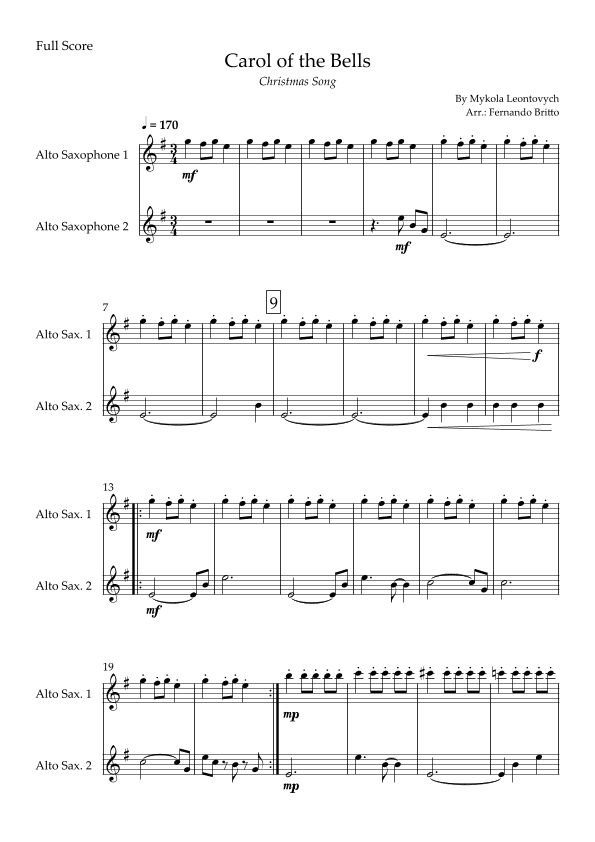 Carol of the Bells in Jazz Version (Christmas Song) for Alto Saxophone Duo (arr. Fabio Britto)