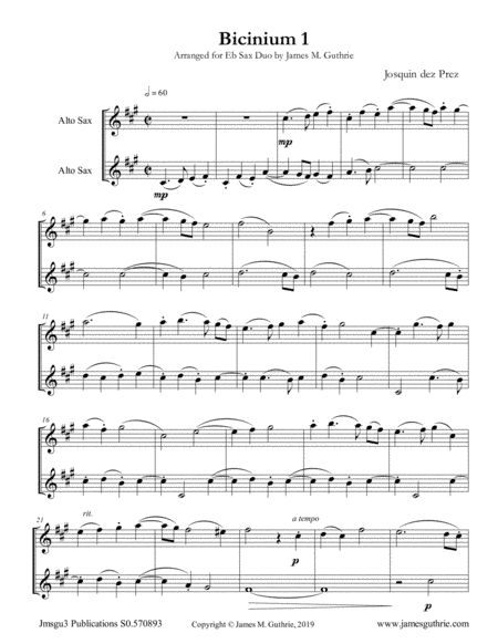Josquin: Bicinium 1 for Eb Sax Duo (arr. James M. Guthrie)