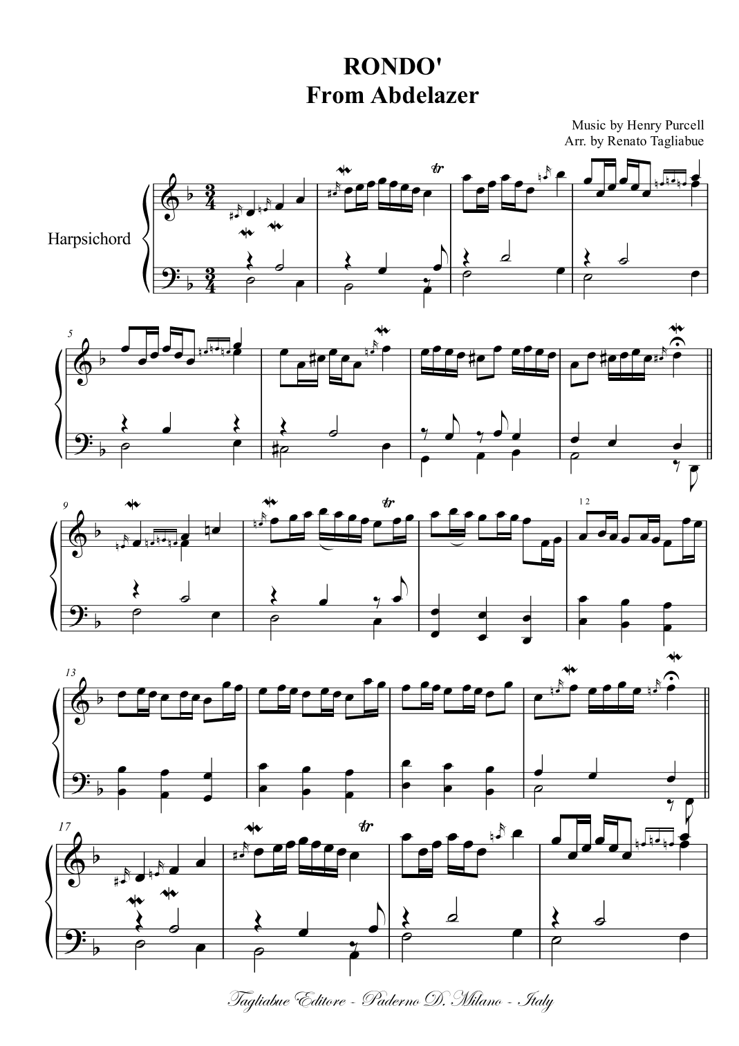 H. Purcell. Rondo' from Abdelazer. Arr. for Harpschord (arr. Renato Tagliabue)