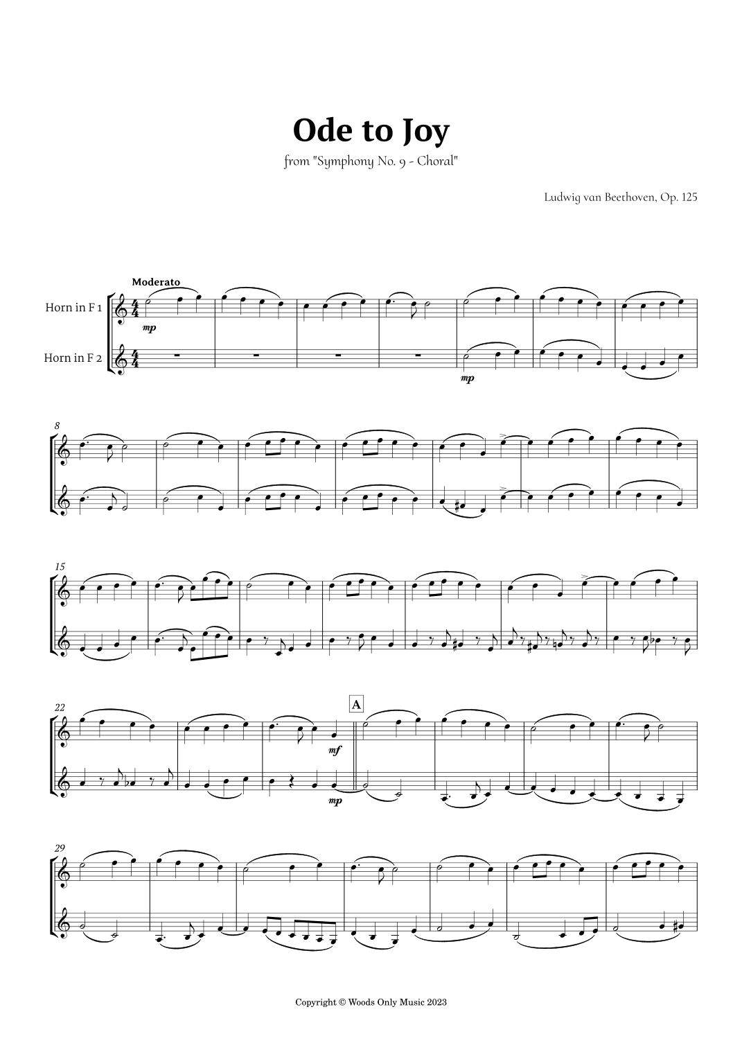 Ode to Joy by Beethoven for French Horn Duet (arr. Ander)