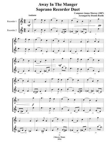 Away in the Manger / It Came Upon a Midnight Clear - Recorder Duet - Intermediate (Key of C) (arr. Dennis Ruello)