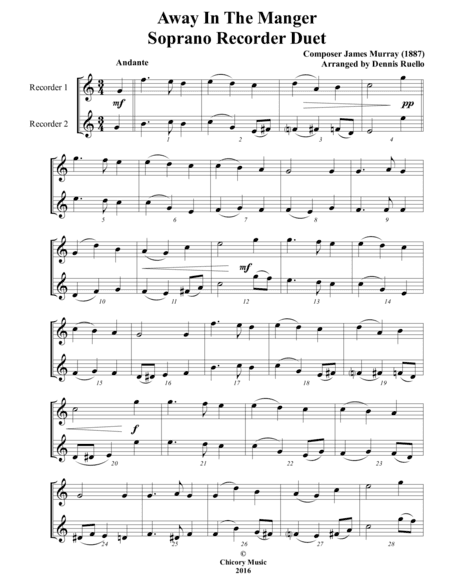 Away in the Manger / It Came Upon a Midnight Clear - Recorder Duet - Intermediate (Key of C) (arr. Dennis Ruello)