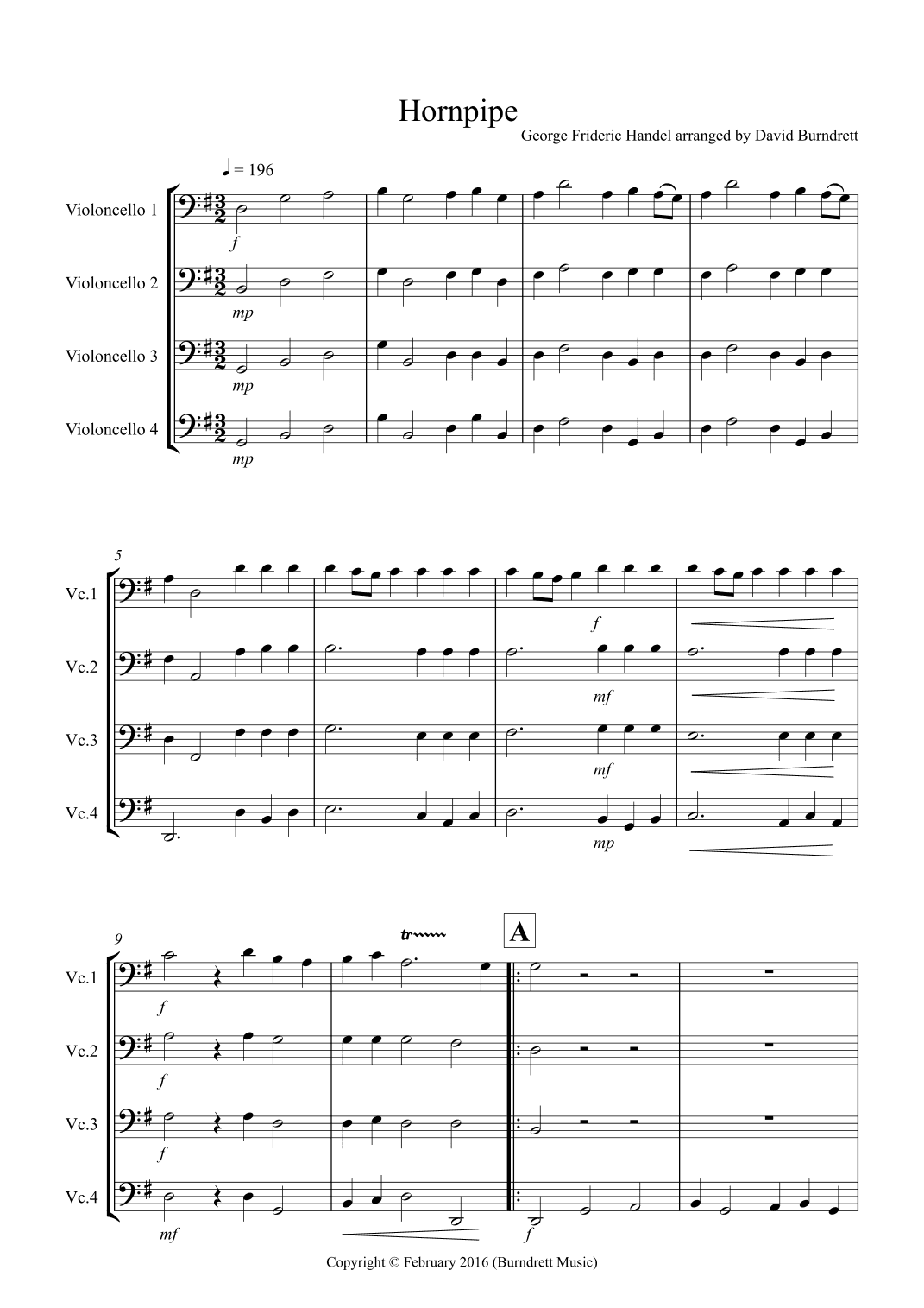 Hornpipe from Handel's Water Music for Cello Quartet (arr. David Burndrett)