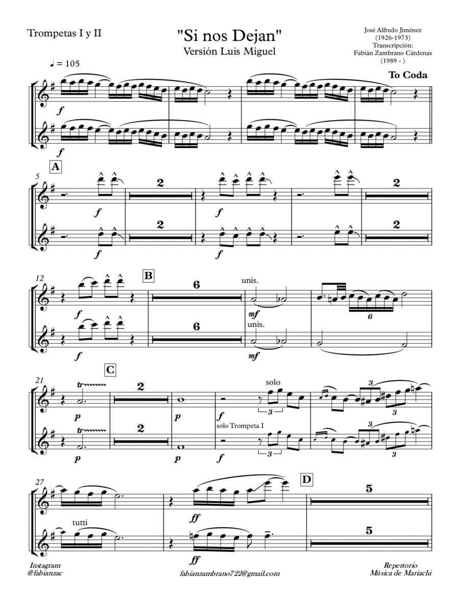 "Si nos dejan" Transcripción de la versión de Luis Miguel (arr. Cutberto Pérez)