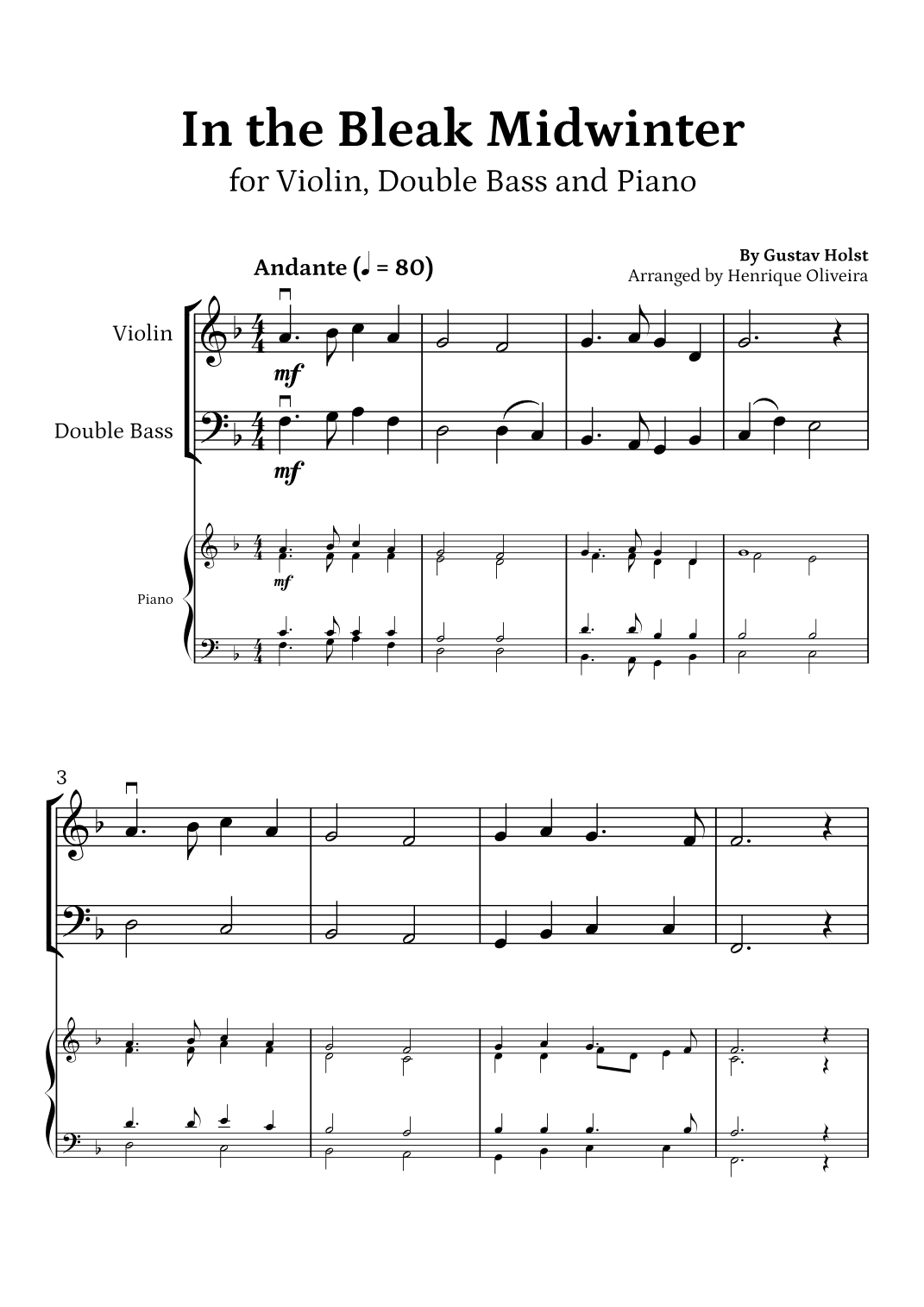 In the Bleak Midwinter (Violin, Double Bass and Piano) - Beginner Level (arr. Henrique Oliveira)