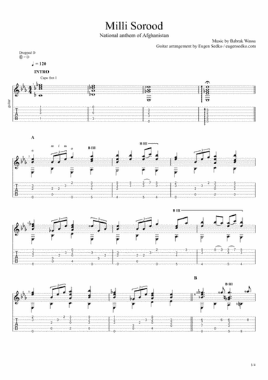 Milli Sorood (ملی سرود) - national anthem of Afghanistan for solo guitar notes & tabs (arr. Eugen Sedko)