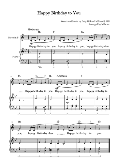 Happy Birthday to You | Horn in F | B-flat Major | Piano accompaniment | Pedal | Chords | Lyrics (arr. Milanov)