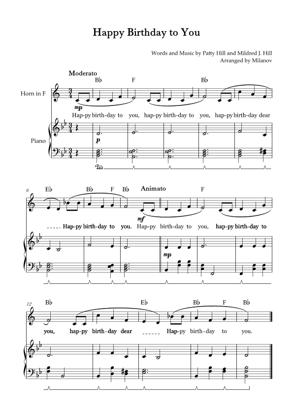 Happy Birthday to You | Horn in F | B-flat Major | Piano accompaniment | Pedal | Chords | Lyrics (arr. Milanov)