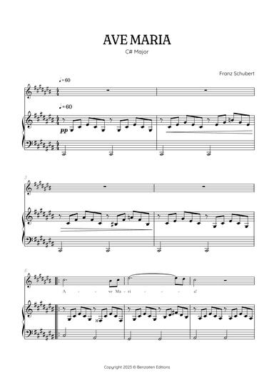 Schubert Ave Maria in C Sharp Major [ C# ] • soprano sheet music with easy piano accompaniment (arr. Benzaiten Editions)
