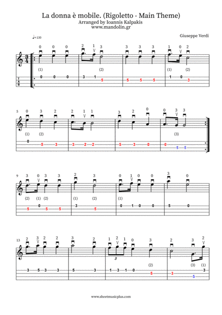 La donna è mobile. (Rigoletto - Main Theme) Mandolin sheet music and tablature. (arr. Ioannis Kalpakis www.mandolin.gr)