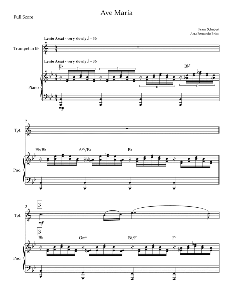 Ave Maria (Franz Schubert) for Trumpet in Bb Solo and Piano with Chords (arr. Fernando Britto)