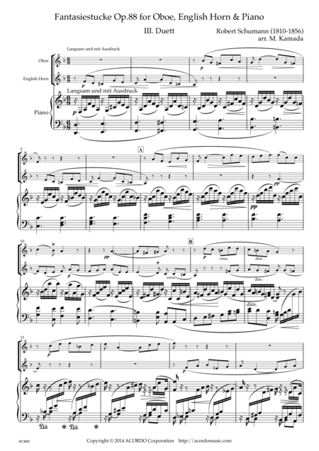 Fantasiestucke Op.88 III Duett for Oboe, English Horn & Piano (arr. Mikio Kamada)