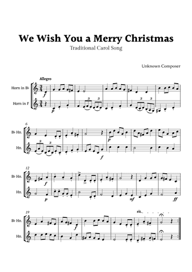 We Wish you a Merry Christmas for Horn in F and B-Flat Horn Duet (arr. Rika K.)