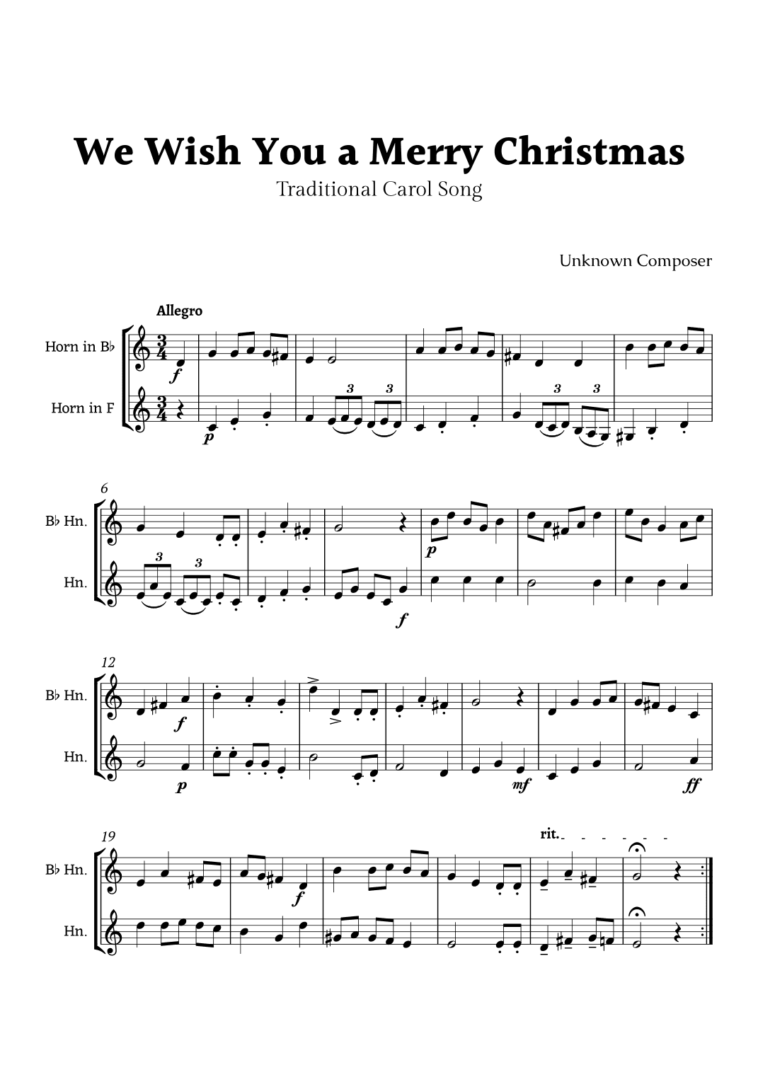 We Wish you a Merry Christmas for Horn in F and B-Flat Horn Duet (arr. Rika K.)