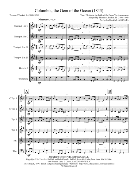 Columbia, the Gem of the Ocean (Brass Quartet) (arr. Joel Jacklich (ASCAP))