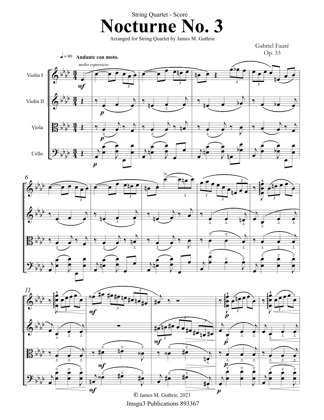 Fauré: Nocturne Op. 33 No. 3 for String Quartet (arr. James M. Guthrie)