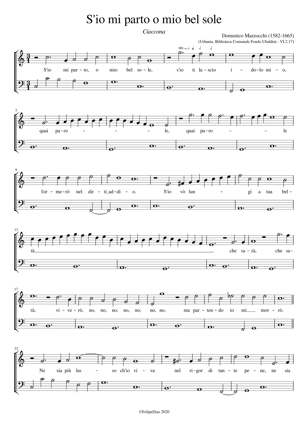 S'io mi parto o mio bel sole (arr. Early Music Scores)