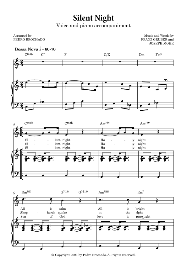 Silent Night in Bossa Nova - For Voice and Piano (in C) (arr. Pedro Brochado)