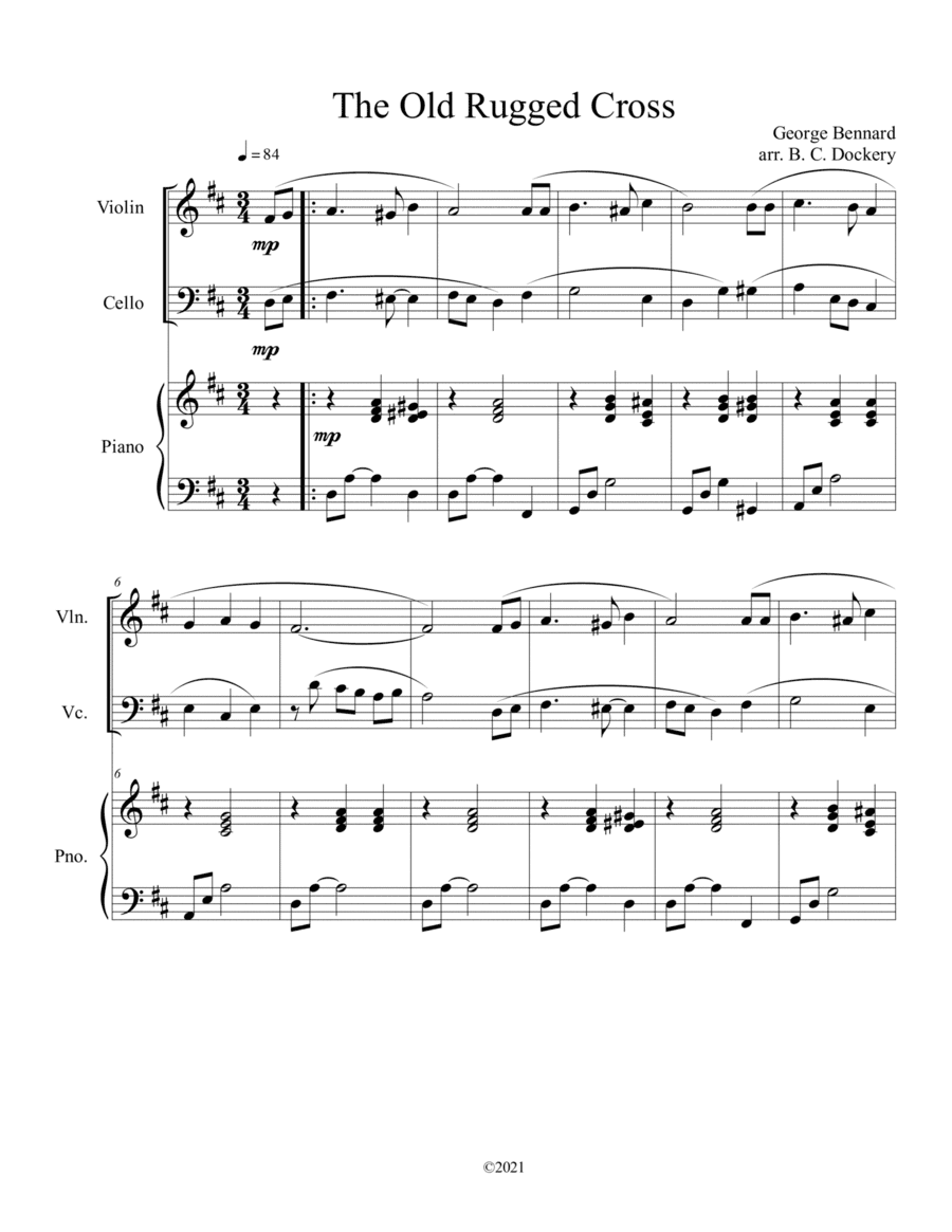 The Old Rugged Cross (violin and cello duet) with optional piano accompaniment (arr. B. C. Dockery)