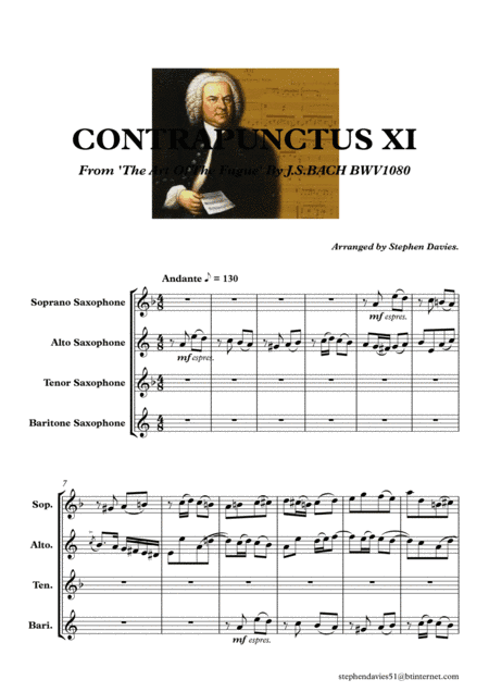 'Contrapunctus 11' By J.S.Bach BWV 1080 from 'The Art of the Fugue' for Saxophone Quartet. (arr. Stephen Davies)