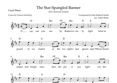 The Star-Spangled Banner (USA National Anthem) Lead Sheet in D Major (arr. Fabio Britto)