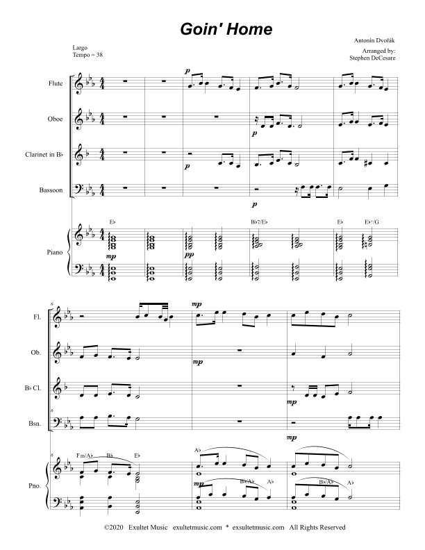Goin' Home (for Woodwind Quartet and Piano) (arr. Stephen DeCesare)