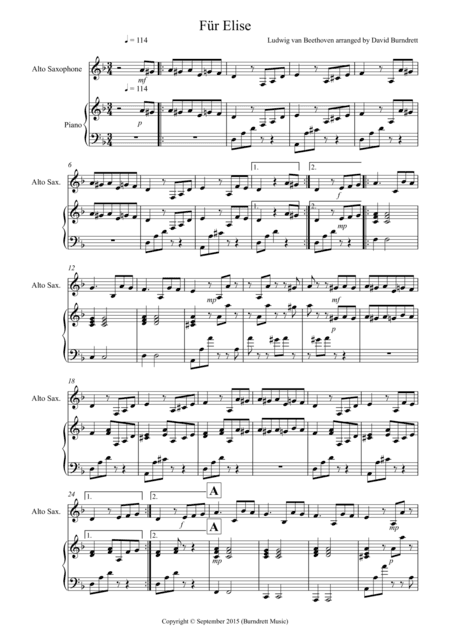 Fur Elise for Alto Saxophone and Piano (arr. David Burndrett)