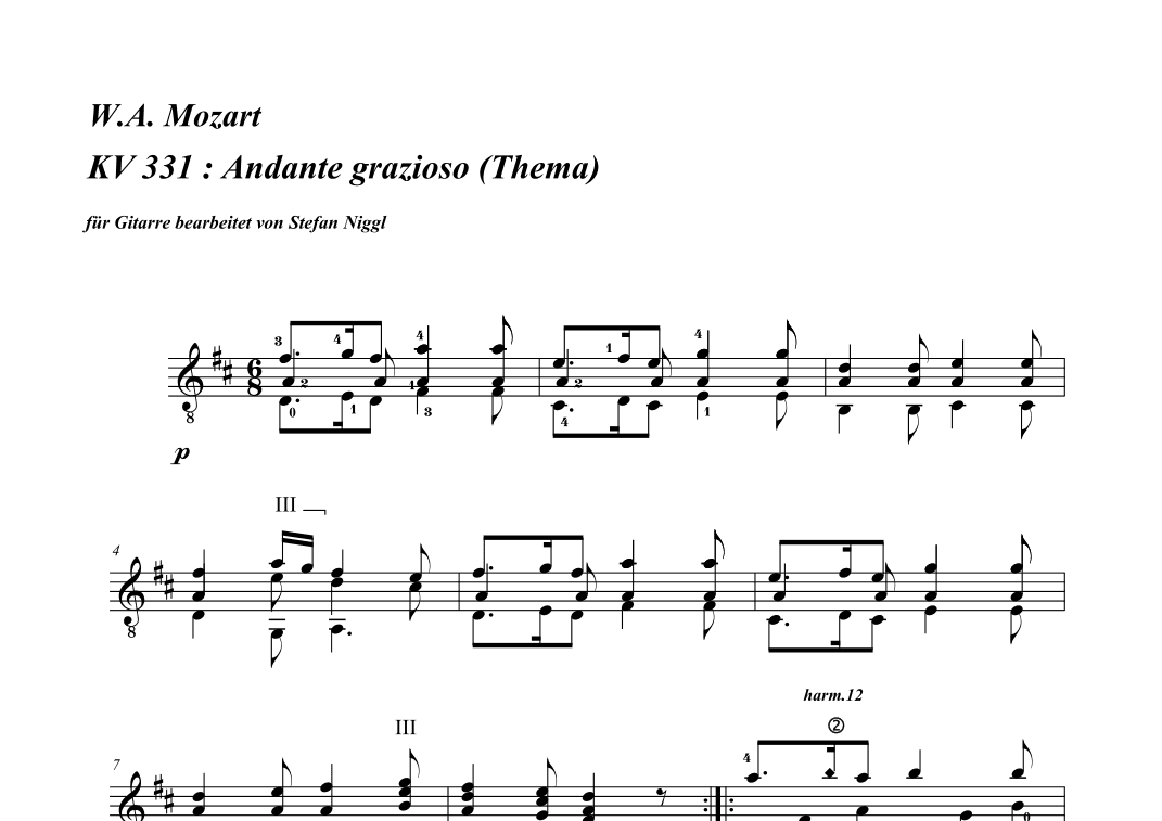 KV 331 Theme from Andante grazioso for Guitar (arr. Stefan Niggl)