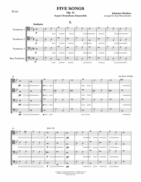 Five Songs Opus 41 for Trombone Quartet Ensemble (arr. Karl Hinterbichler)