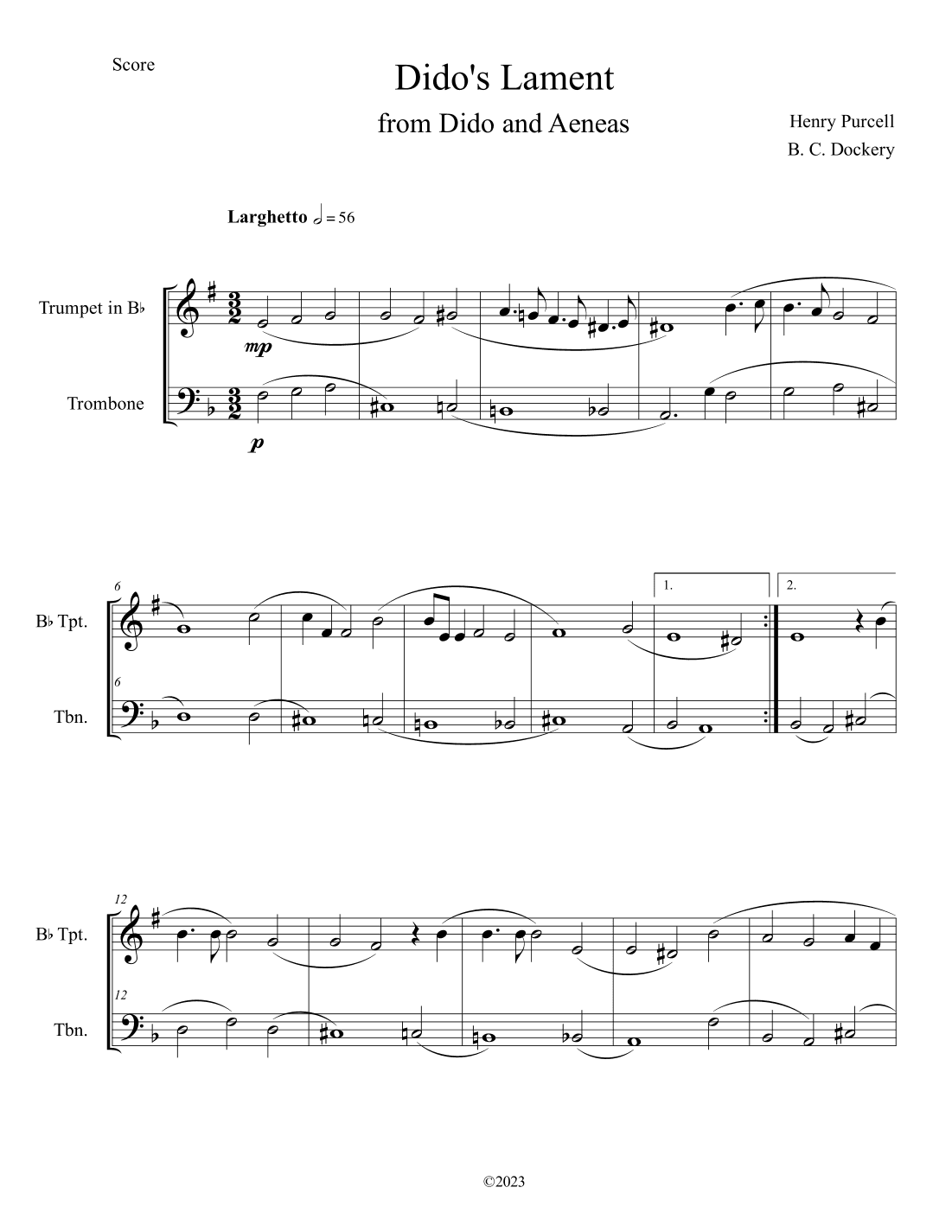 Dido's Lament (Trumpet and Trombone Duet) (arr. B. C. Dockery)