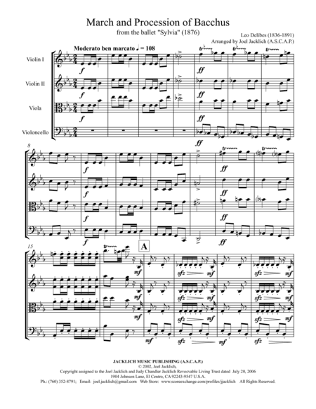 March and Procession of Bacchus from the Ballet Sylvia (String Quartet) (arr. Joel Jacklich (ASCAP))
