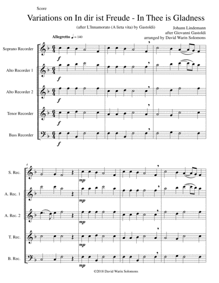 In dir ist Freude (In Thee is gladness) for recorder quintet (soprano, 2 altos, tenor, bass) (arr. David Warin Solomons)