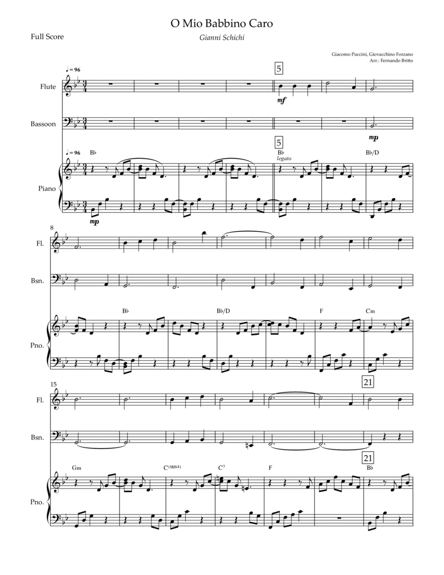 O Mio Babbino Caro (Puccini) for Flute & Bassoon Duo and Piano Accompaniment with Chords (arr. Fernando Britto)