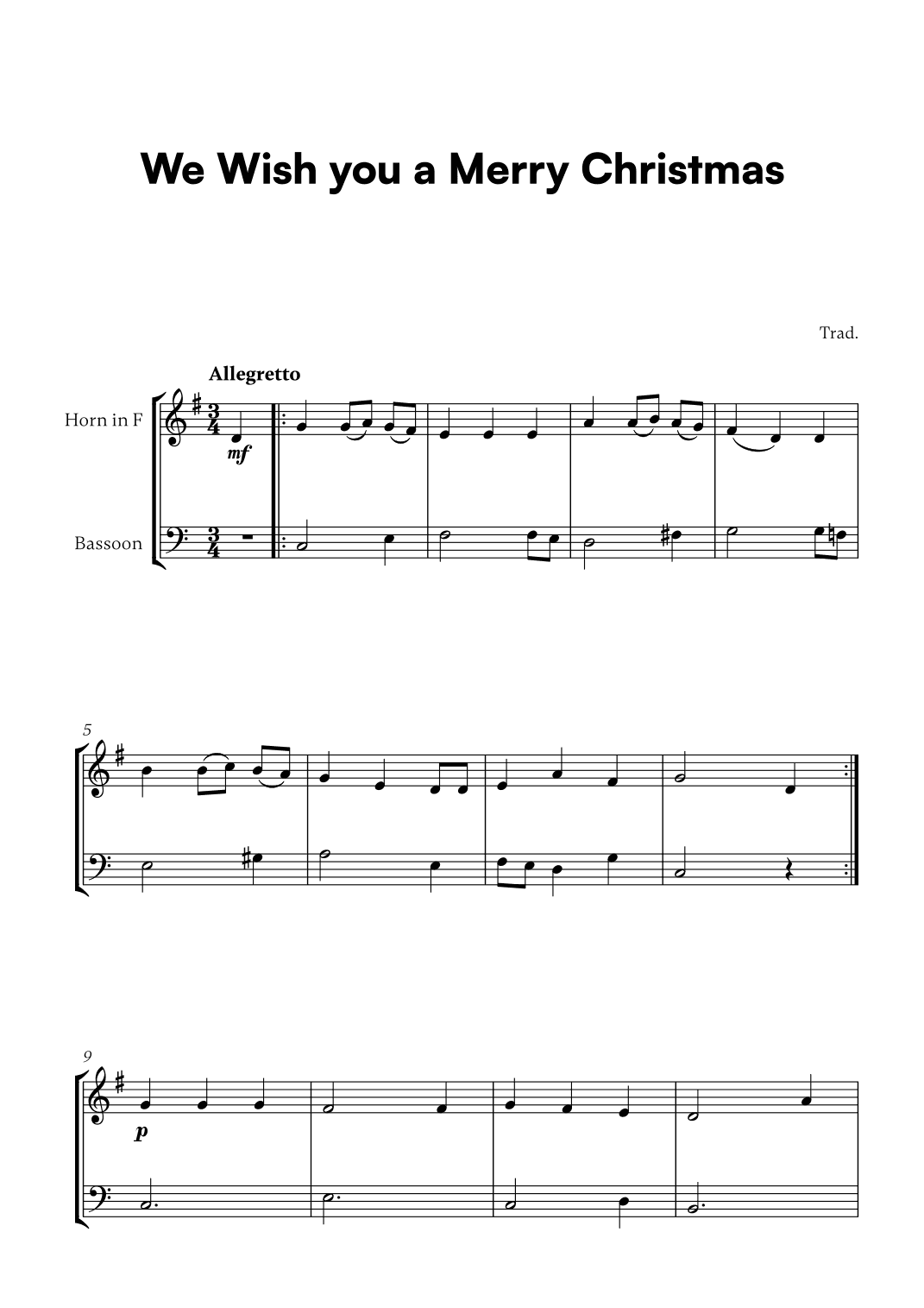 Trad. - We Wish you a Merry Christmas (for French Horn and Bassoon) (arr. Cadenza Editions)