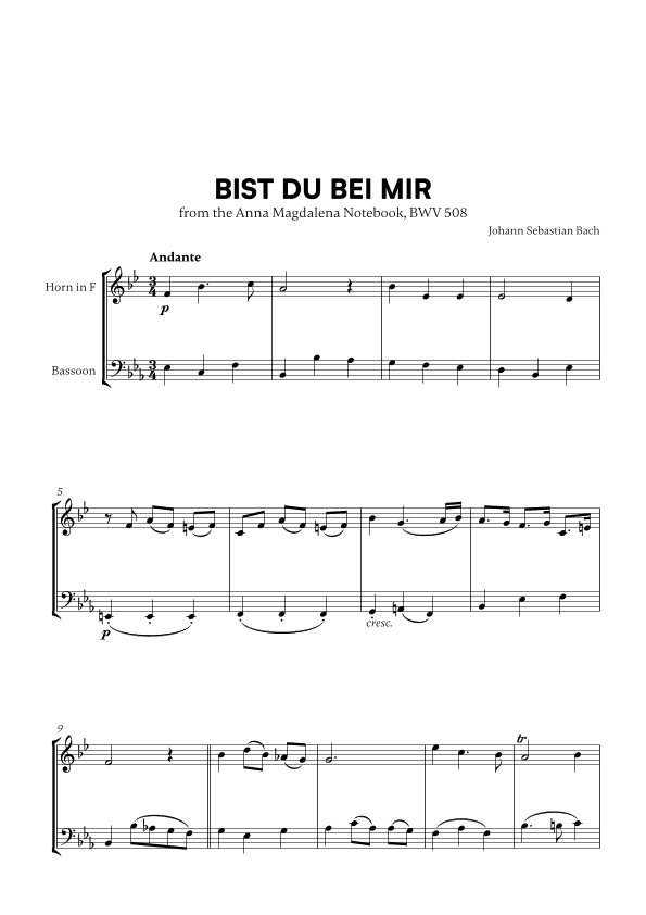 Bist du bei Mir (BWV 508) (for French Horn and Bassoon) (arr. Cadenza Editions)