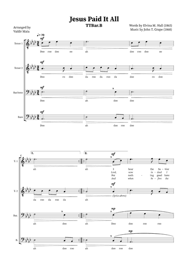 Jesus Paid It All - TTBB Quartet or Choir (arr. Valdir Maia)